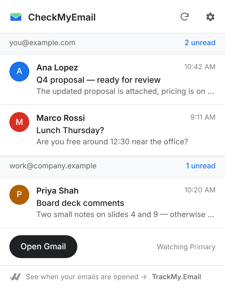 The CheckMyEmail quick inbox: new mail from two Gmail accounts